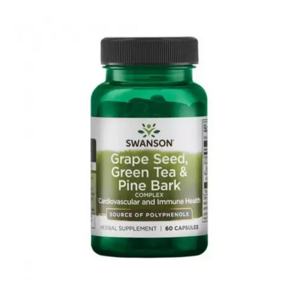 Vīnogu kauliņu, zaļās tējas un priežu mizas komplekss (60 kapsulas) Swanson Vitamins.